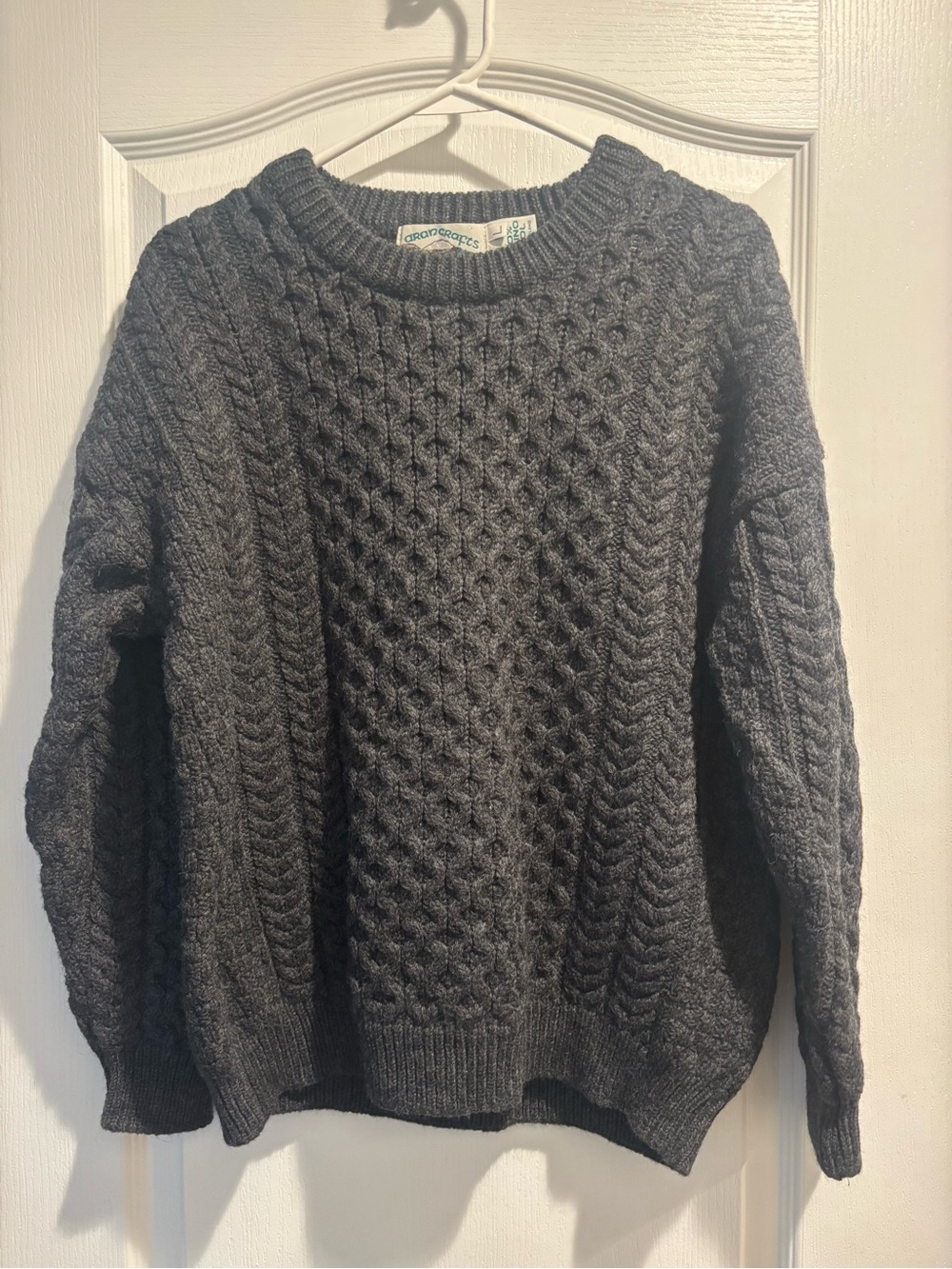 Aran Crafts Merino Wool Cable Knit Sweater - Dark Gray Sz Lg